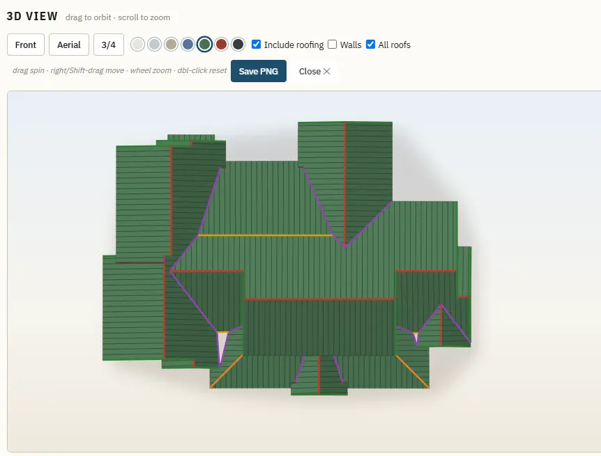 A traced roof shown in 3D over its aerial photo