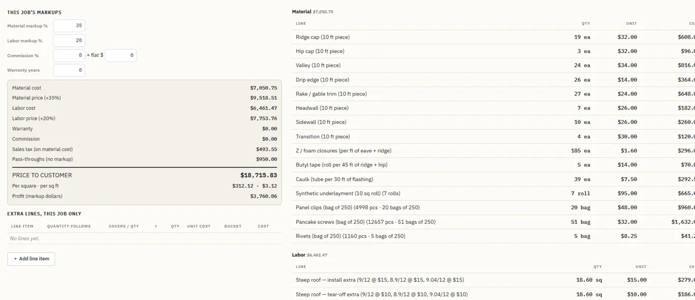 Pricing page with markups on the left and the priced material and labor list on the right