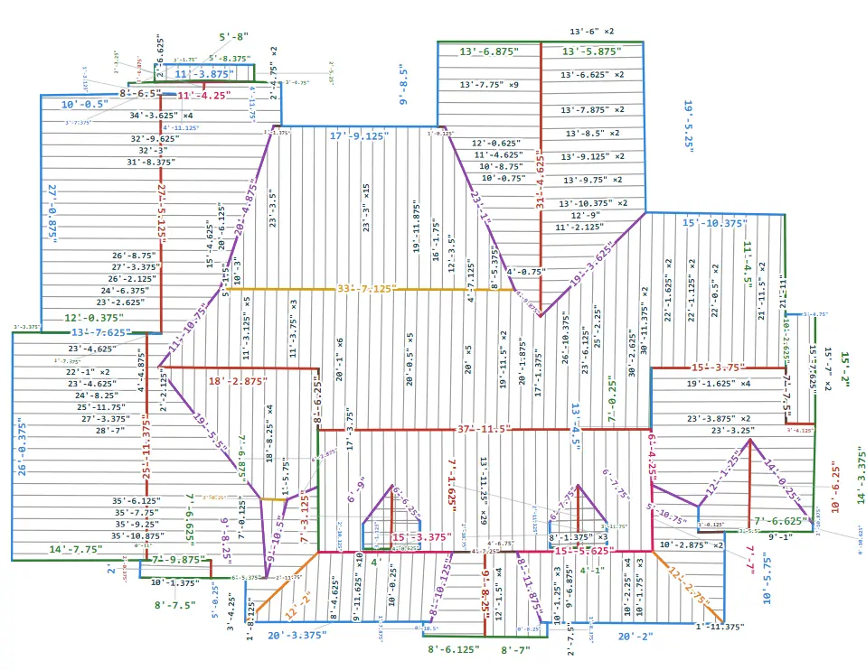 Full roof plan with metal panels laid on every facet and panel lengths labeled