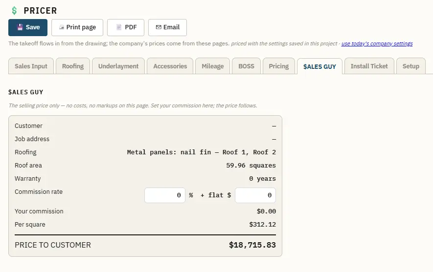 Sales page showing roof area, commission, price per square, and price to customer