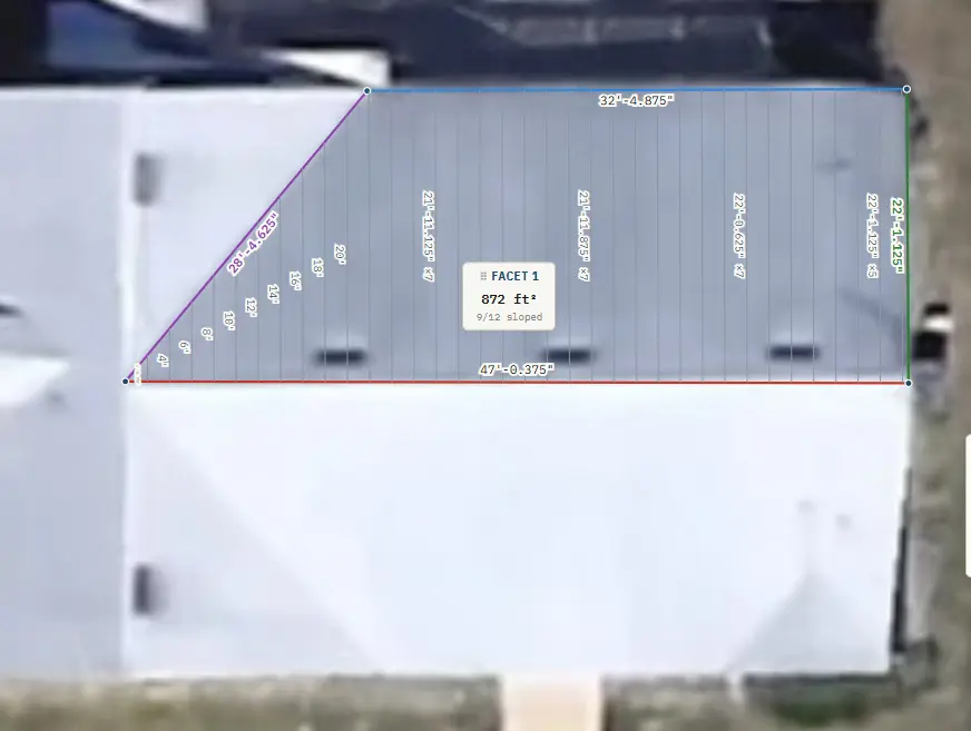 Roof facet traced over an aerial photo with edge lengths and 872 square feet shown